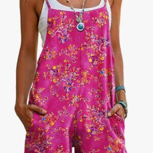 Women  Casual Loose Rompers Sleeveless Boho Floral Spaghetti Straps Shorts - L